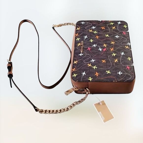 MICHAEL KORS JET SET Brown Multi East West Airplane Print Crossbody Bag $198 NWT - Picture 4 of 7